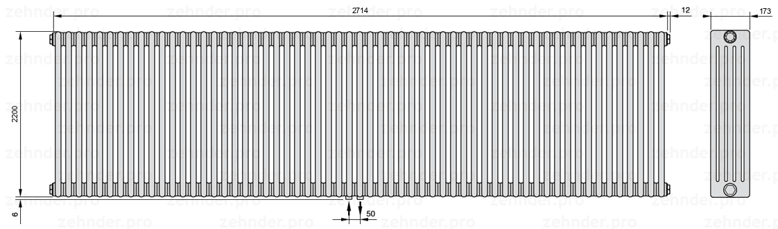 Схема (чертеж) Радиатор Zehnder Charleston 5220/59 №3470 Белый глянцевый RAL 9016